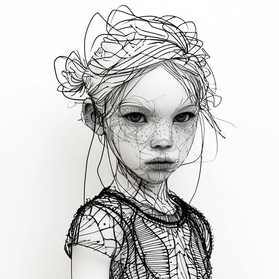 Wireframe sketch portrait of a freckled young girl