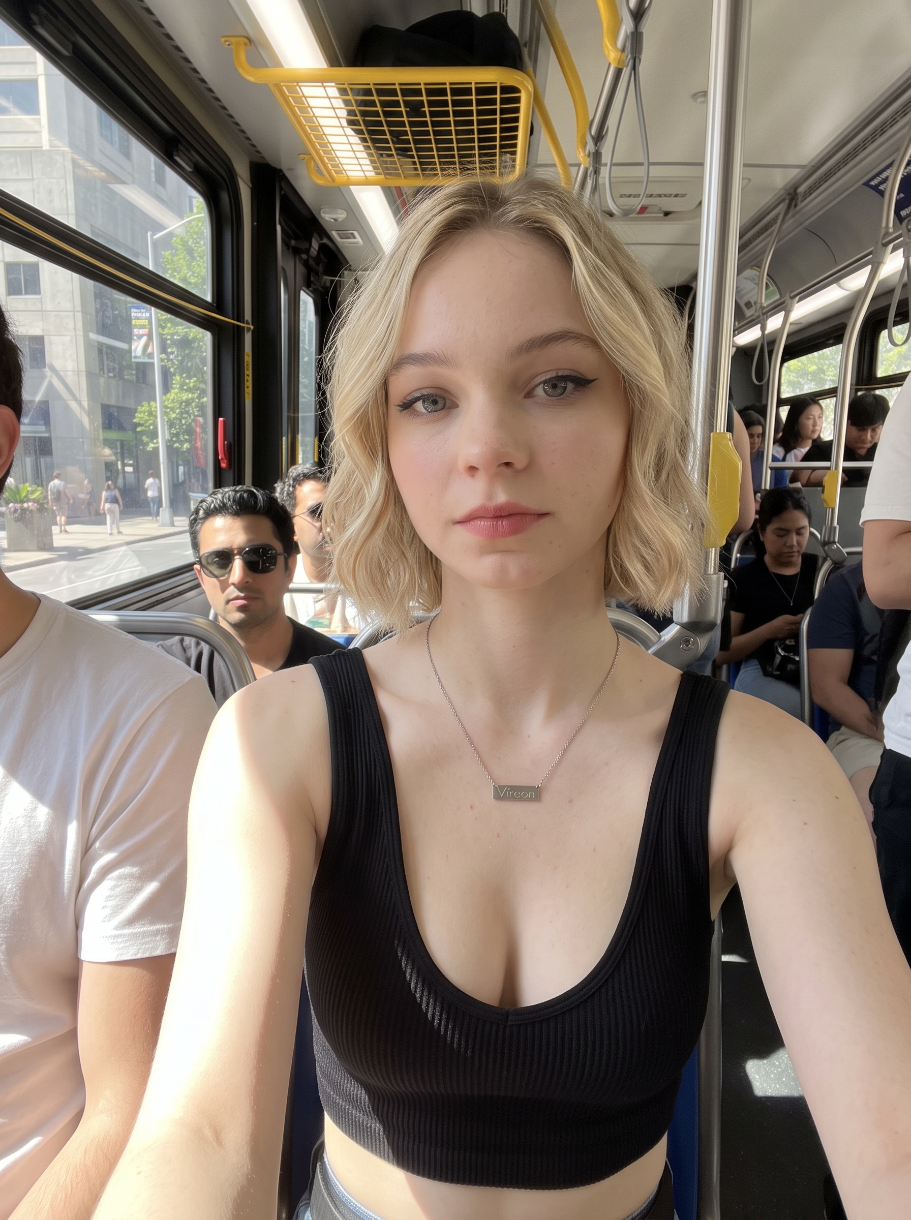 Selfie of young blonde woman in black crop top on