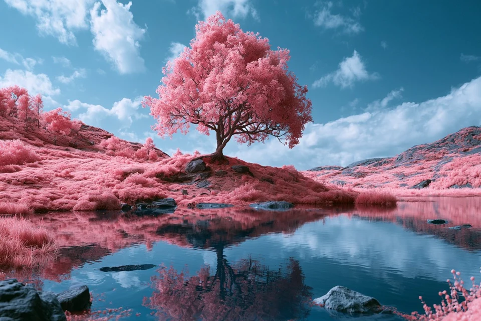 Pink Infrared Tree by Water in Surreal Dreamscape