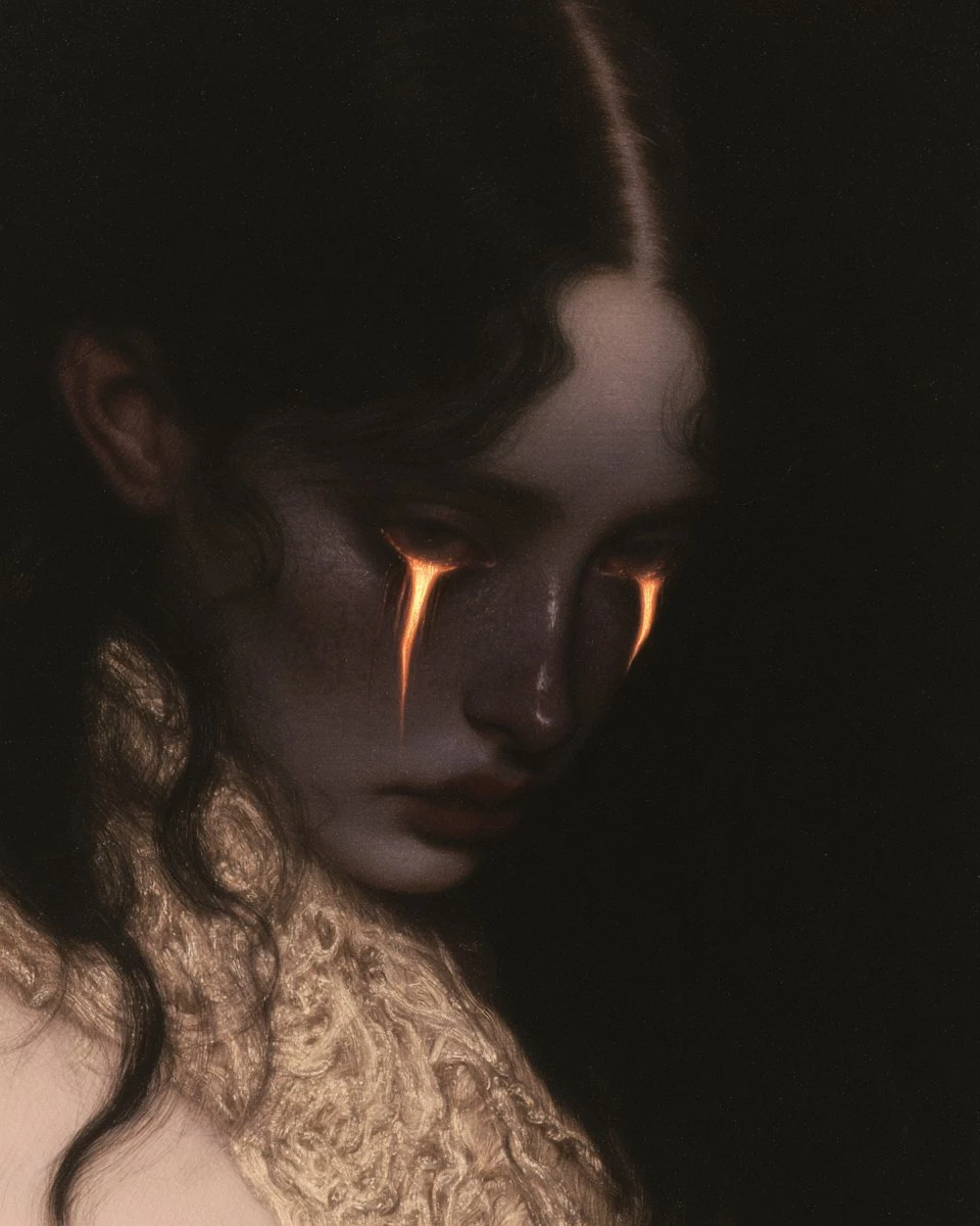 dark fantasy portrait with glowing tears on pale