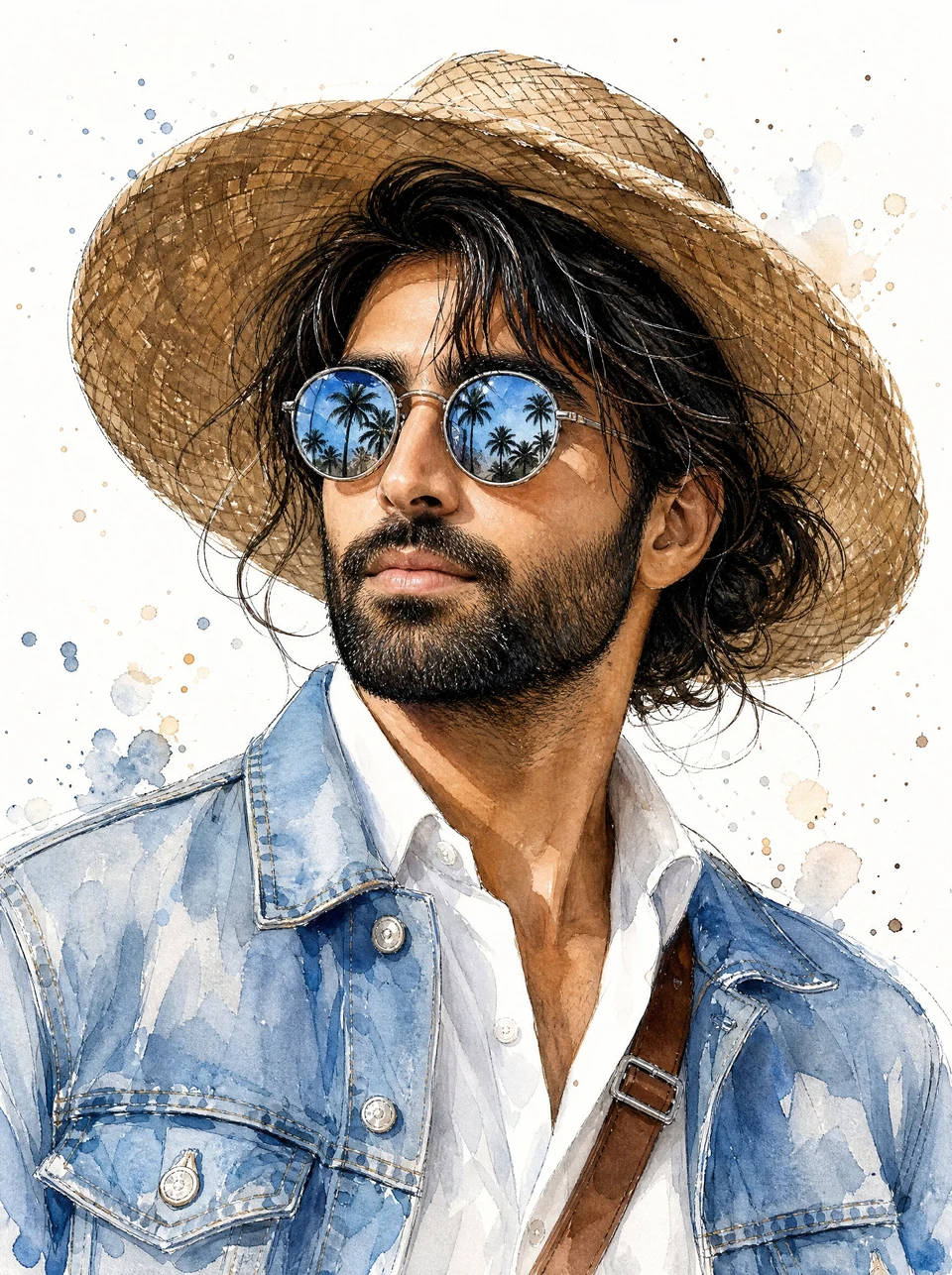 Watercolor Fashion Portrait of Stylish Man in Denim