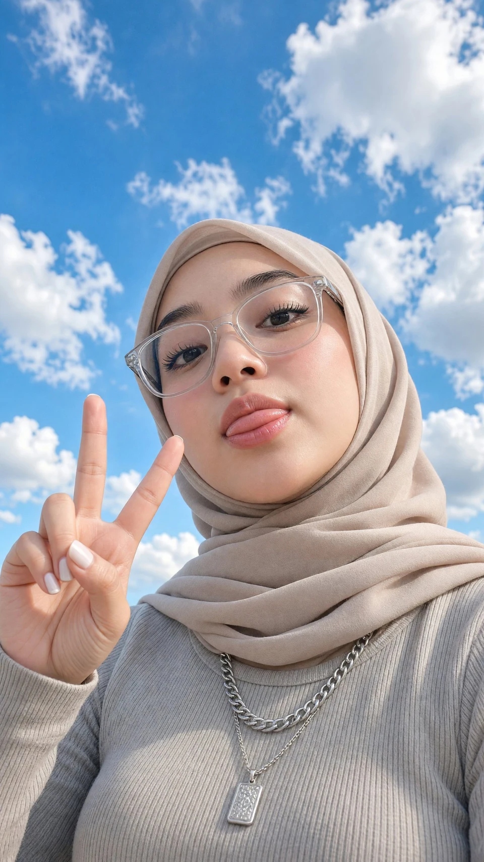 Hijab Girl Selfie with Glasses and Peace Sign