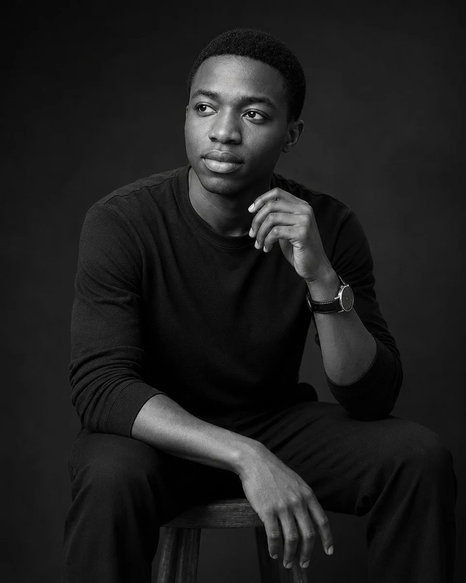 Ultra-realistic black and white studio portrait of a
