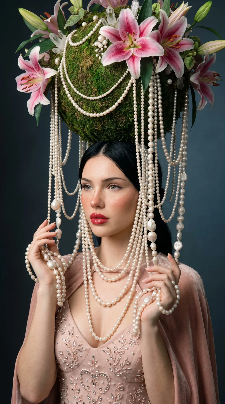 Surreal haute couture portrait with pearl and lily