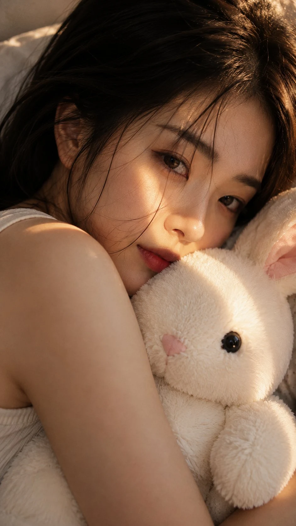Cinematic close-up portrait of woman hugging white