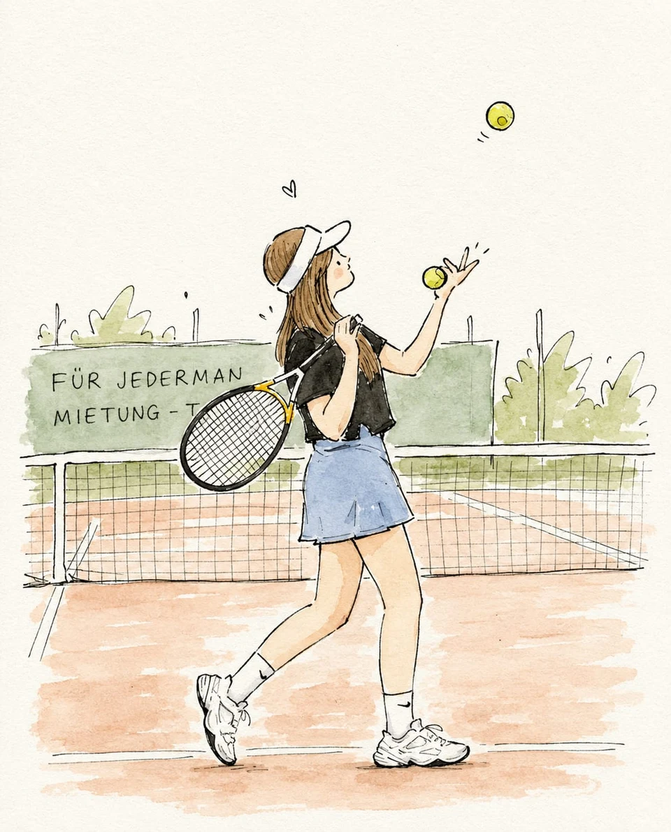 hand-drawn watercolor doodle of a girl playing