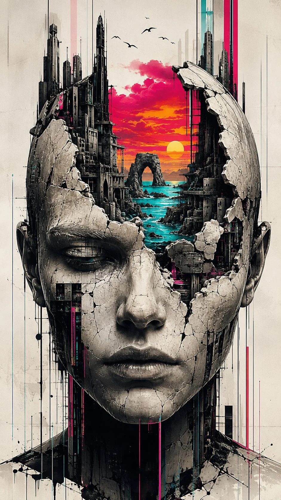 Surreal cracked porcelain head with futuristic city