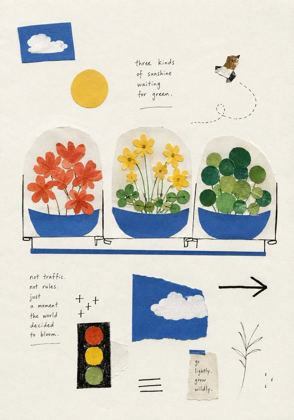 editorial paper-collage art of potted plants and