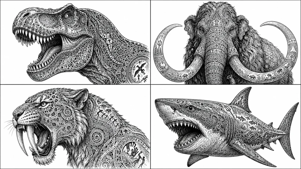Extinct Apex Predators Ornamental Ink Illustration