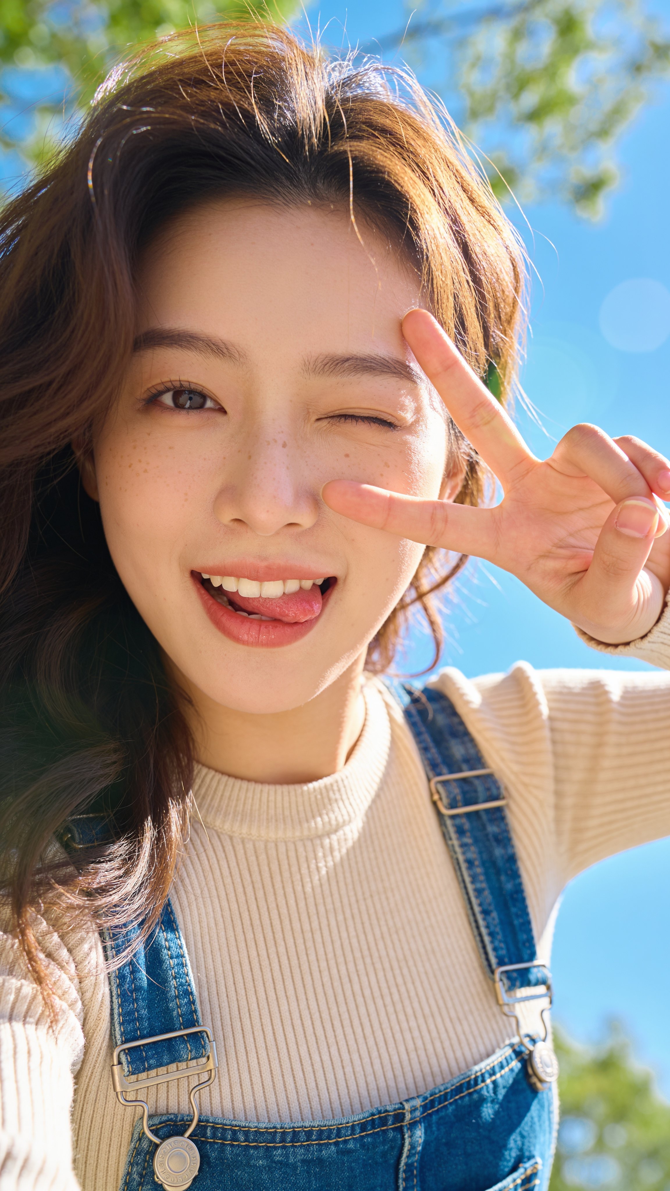 Young East Asian Woman Outdoor Selfie Peace Sign
