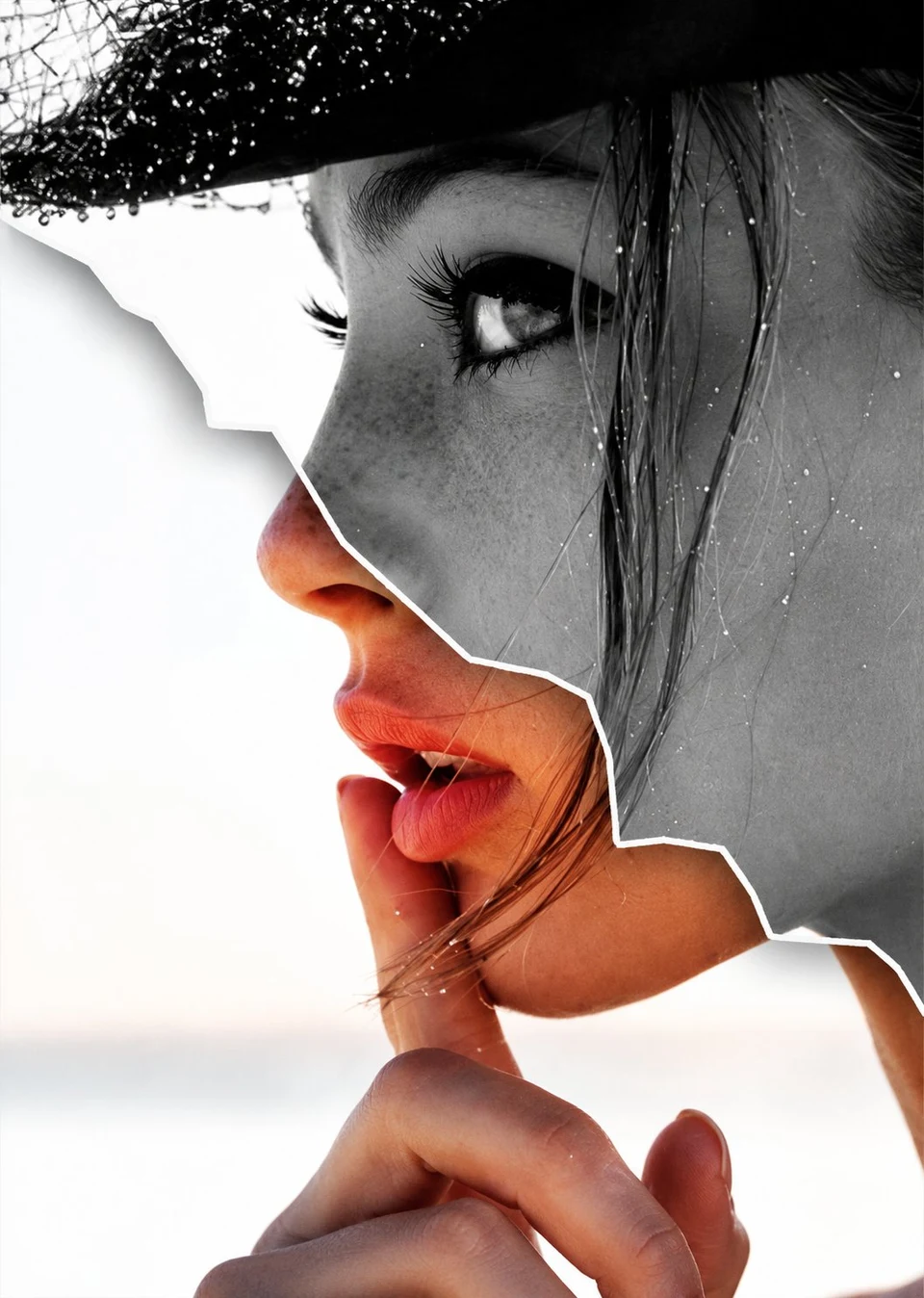 Cinematic fashion portrait diptych with torn paper