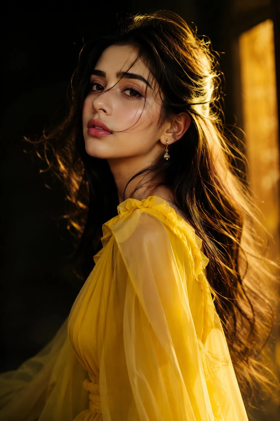 Elegant Woman in Yellow Chiffon Dress Cinematic