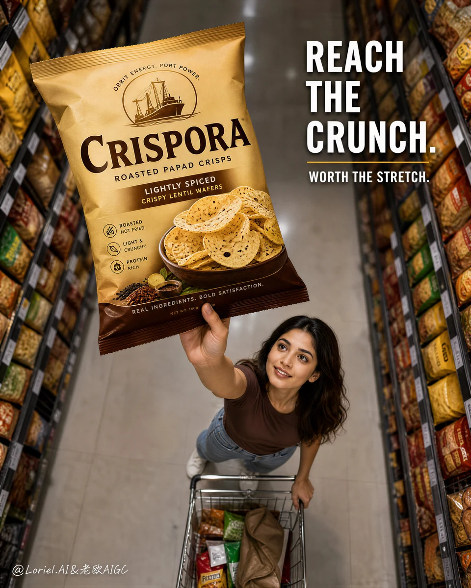 Woman holding Crispora papad crisps in supermarket
