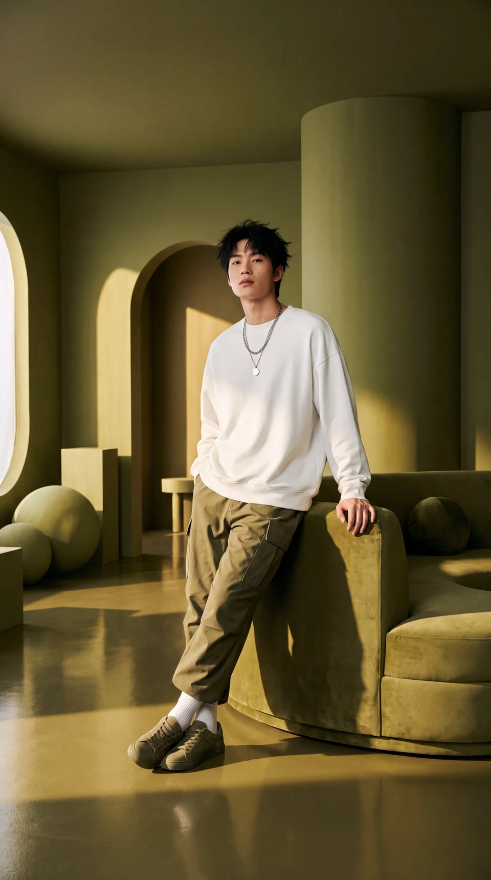 High-fashion editorial portrait of young Asian male