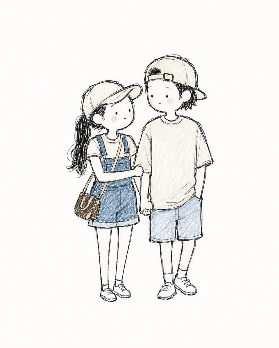 hand-drawn pencil illustration of a cute young