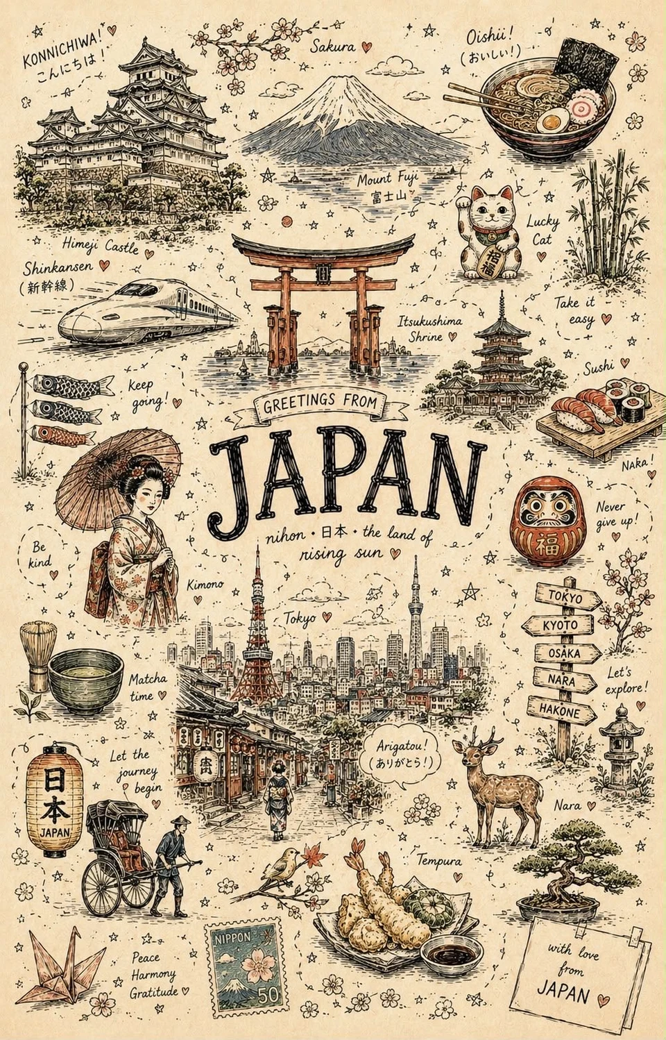 Doodle Art Travel Poster of Japan
