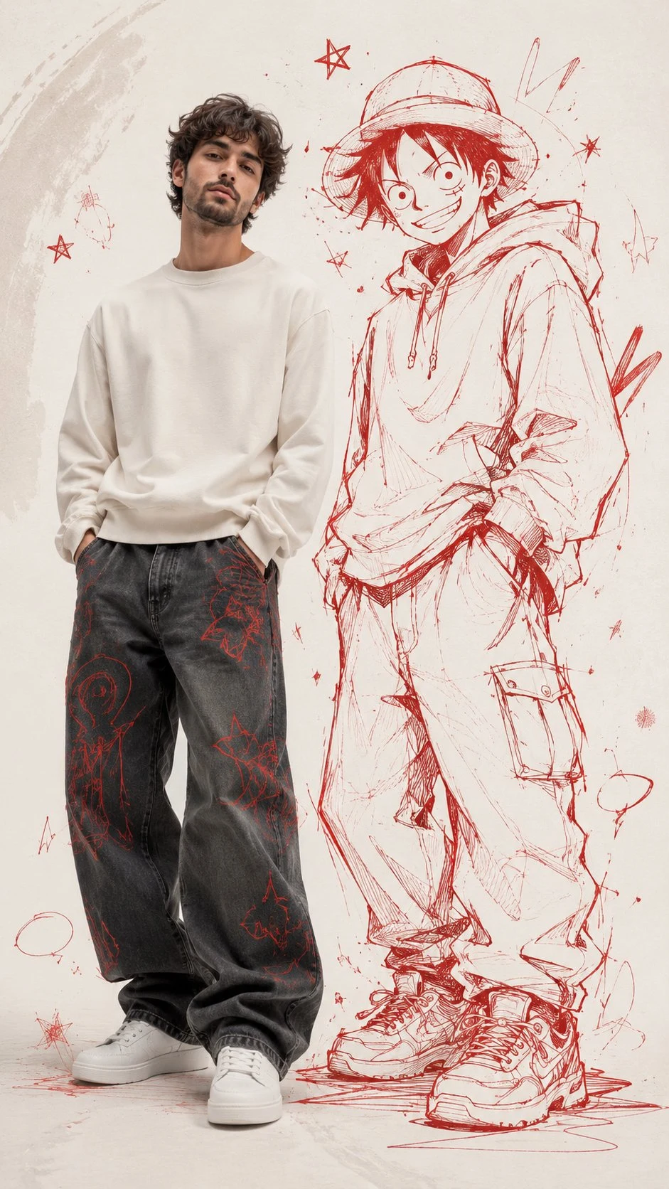 Mixed-Media Fashion Portrait with Red Ink Manga