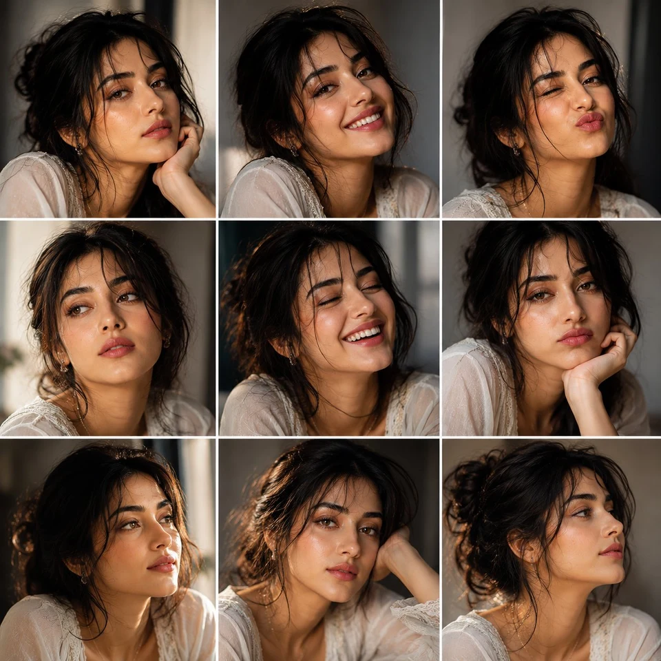 3x3 Photo Grid Character Sheet of a Beautiful Young