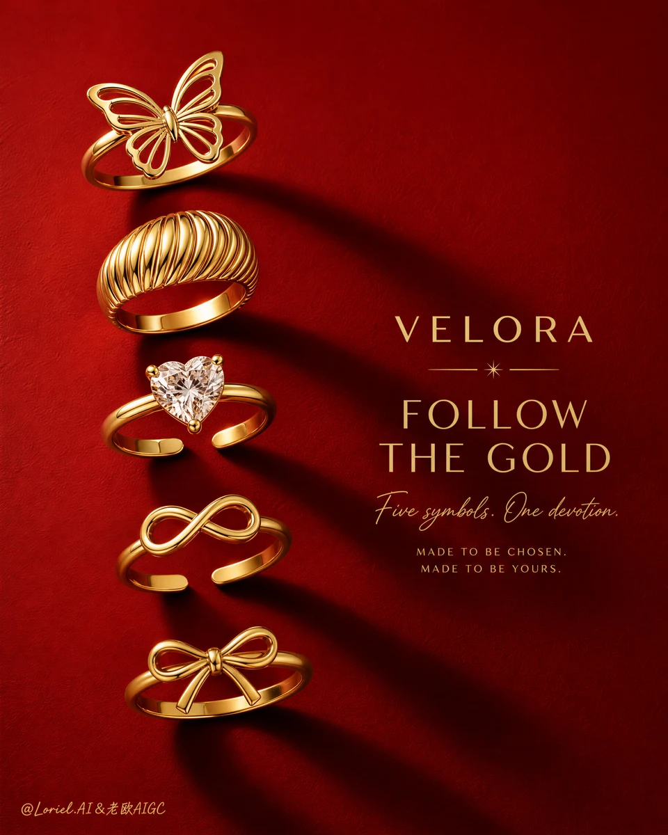 Luxury gold ring collection campaign poster