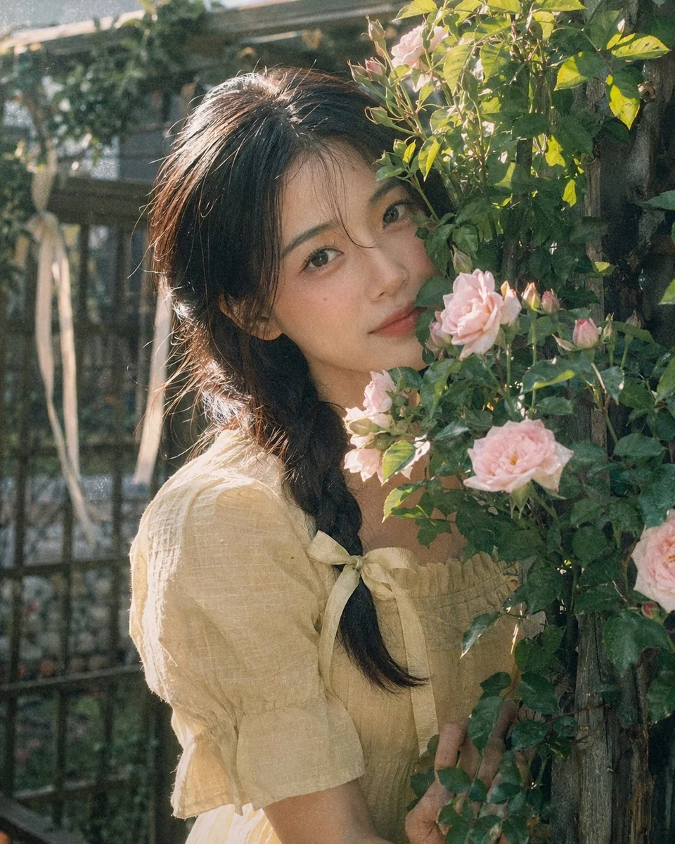 Korean woman in yellow dress peeking from pink roses