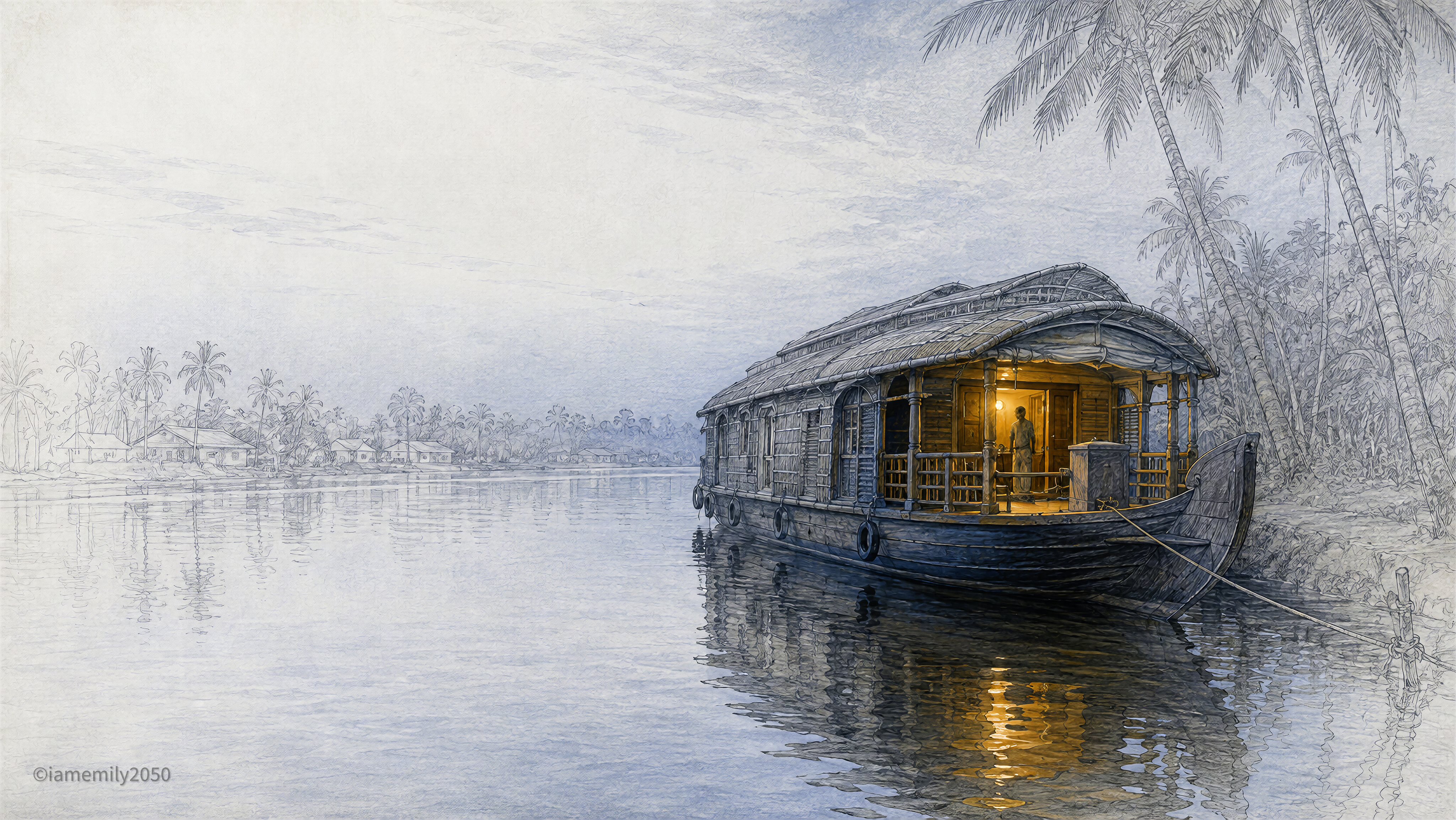 Traditional houseboat on calm backwaters with warm