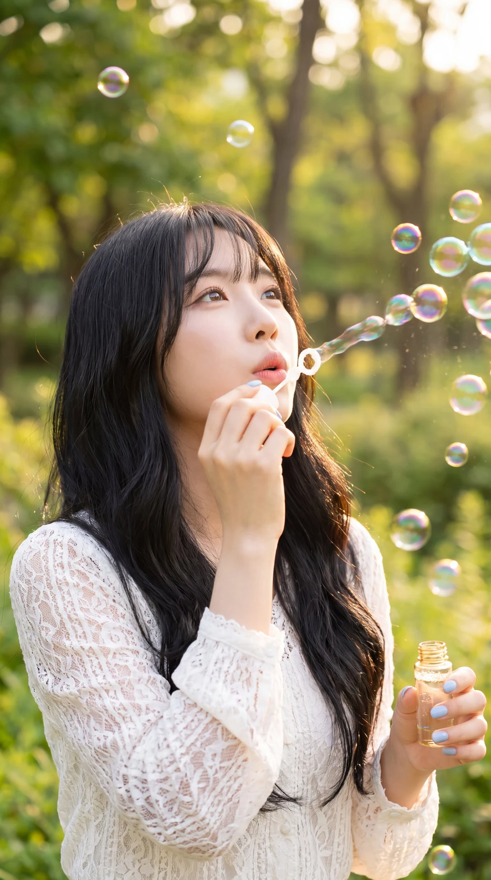 Dreamy Asian woman blowing soap bubbles in park