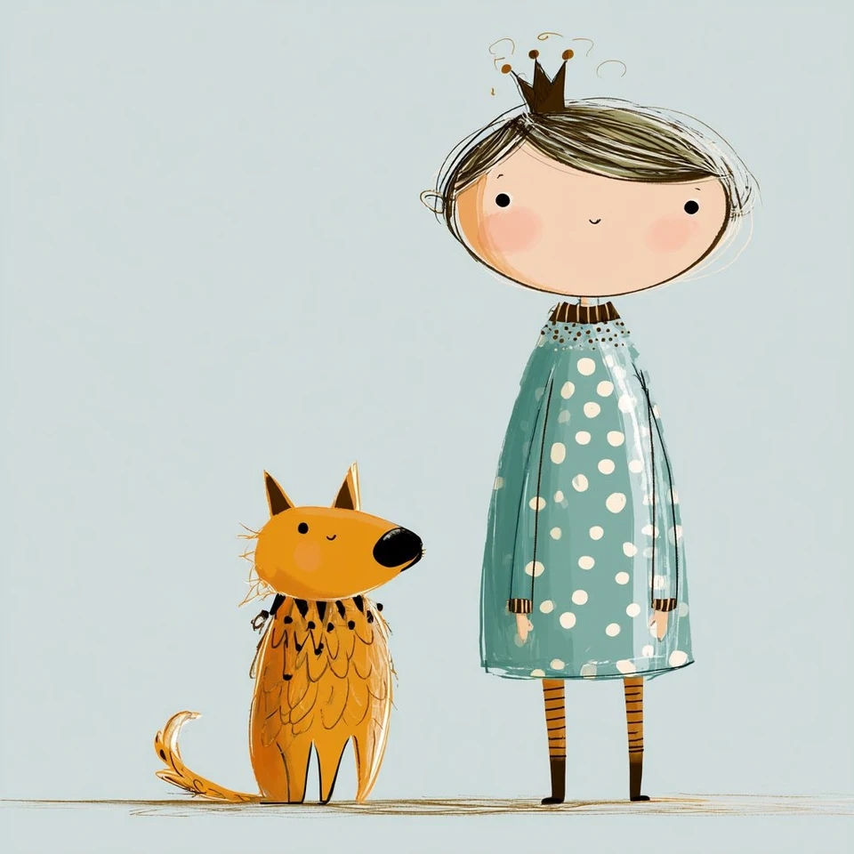 whimsical girl with crown and fox illustration