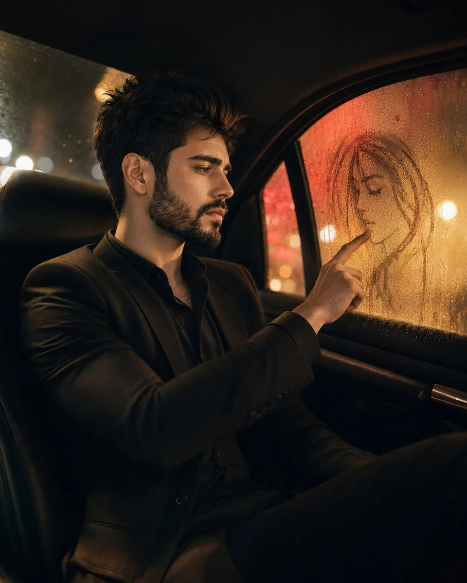 Melancholic man drawing breakup portrait on foggy