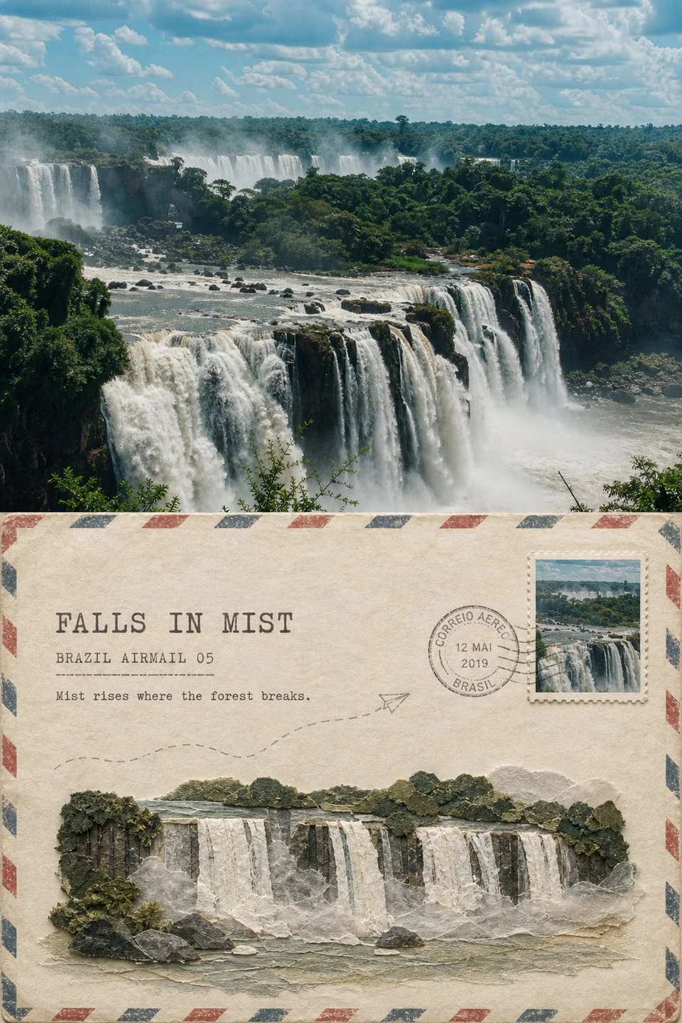 Airmail Relief Travel Poster of Iguazu Falls Brazil