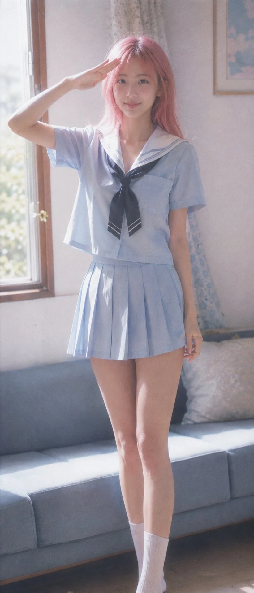 Pink Hair Girl in Sailor Uniform Saluting Retro