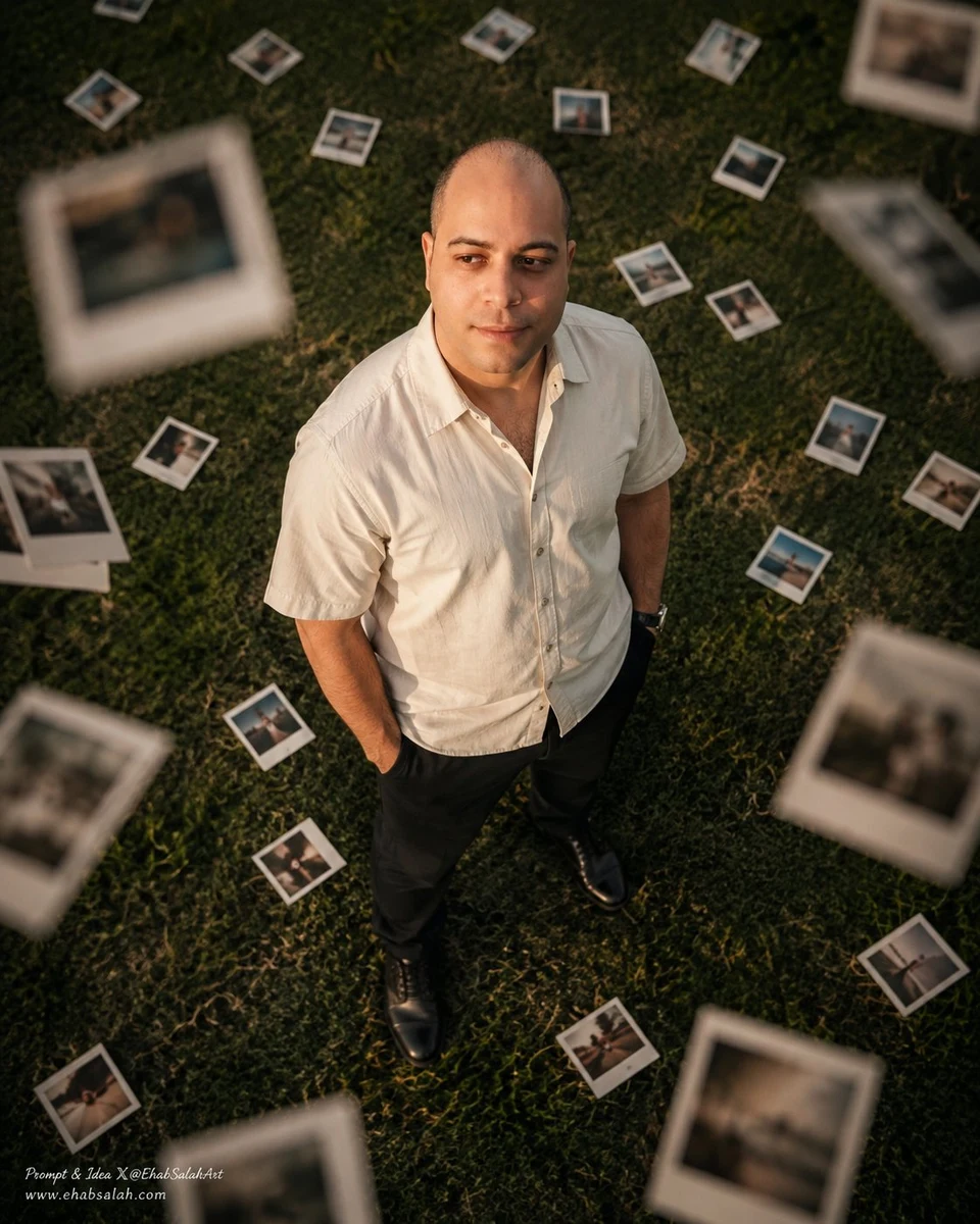 Cinematic overhead portrait of man surrounded by