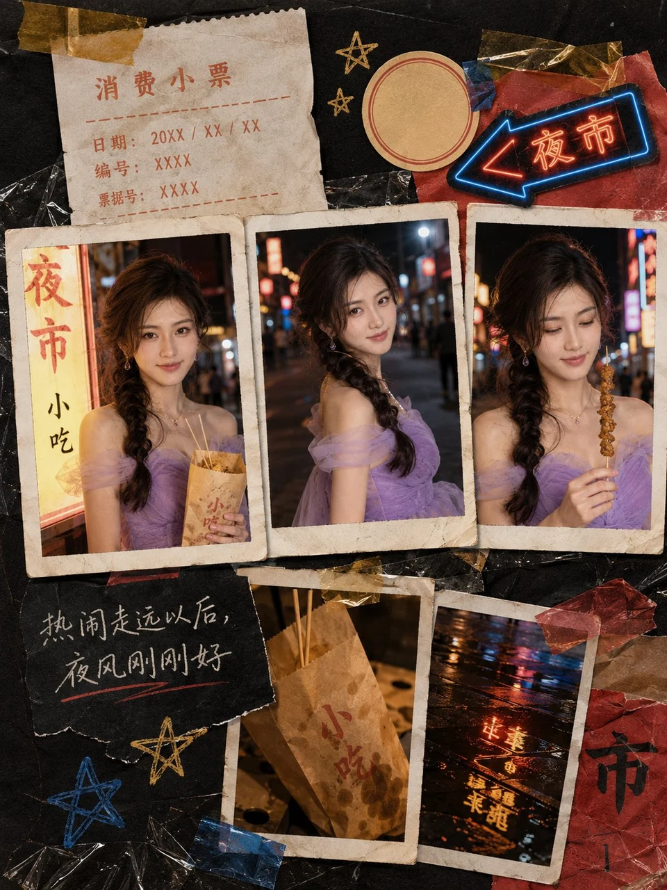 Night market vintage photo collage with young woman