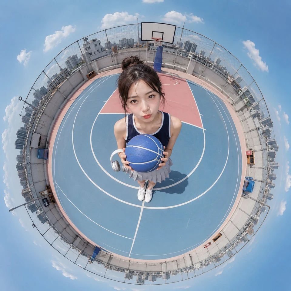 Korean Woman on Rooftop Basketball Court in Tiny