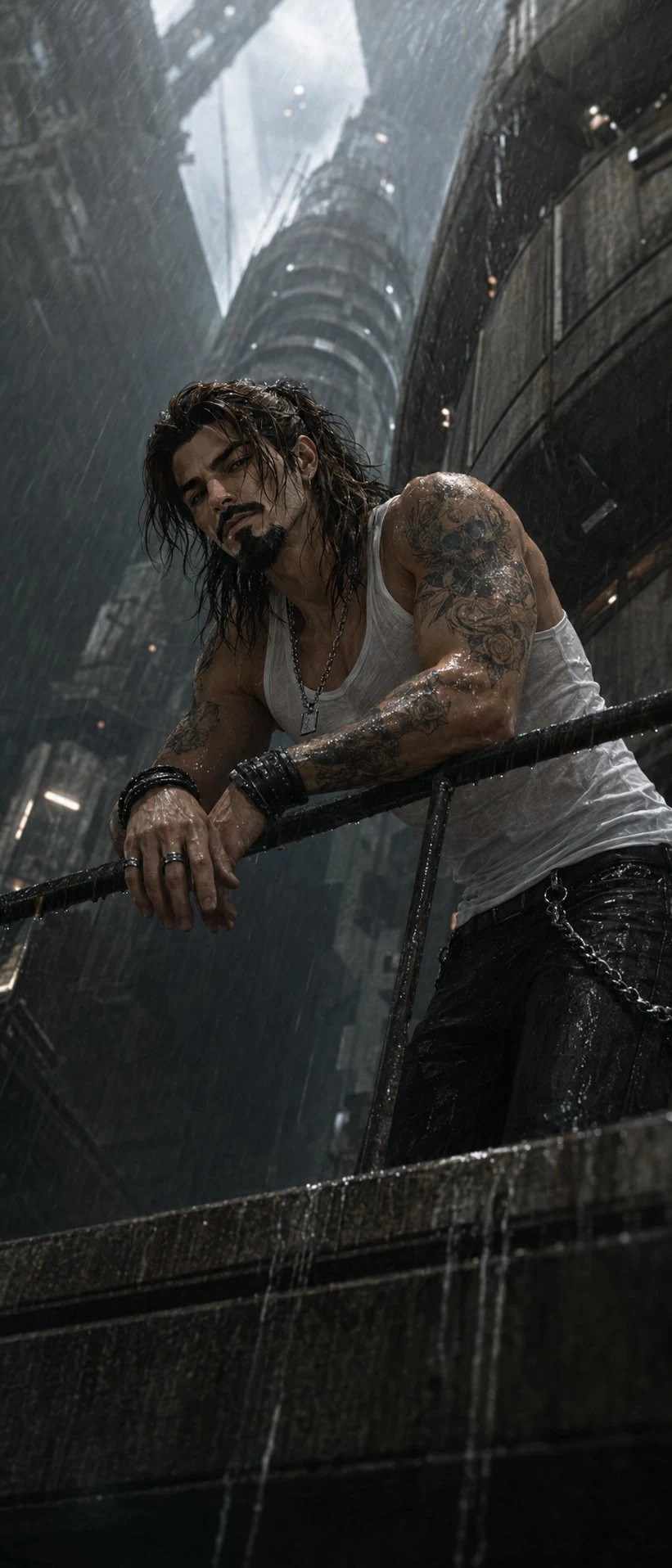 Tattooed man leaning on balcony railing in Brutalist
