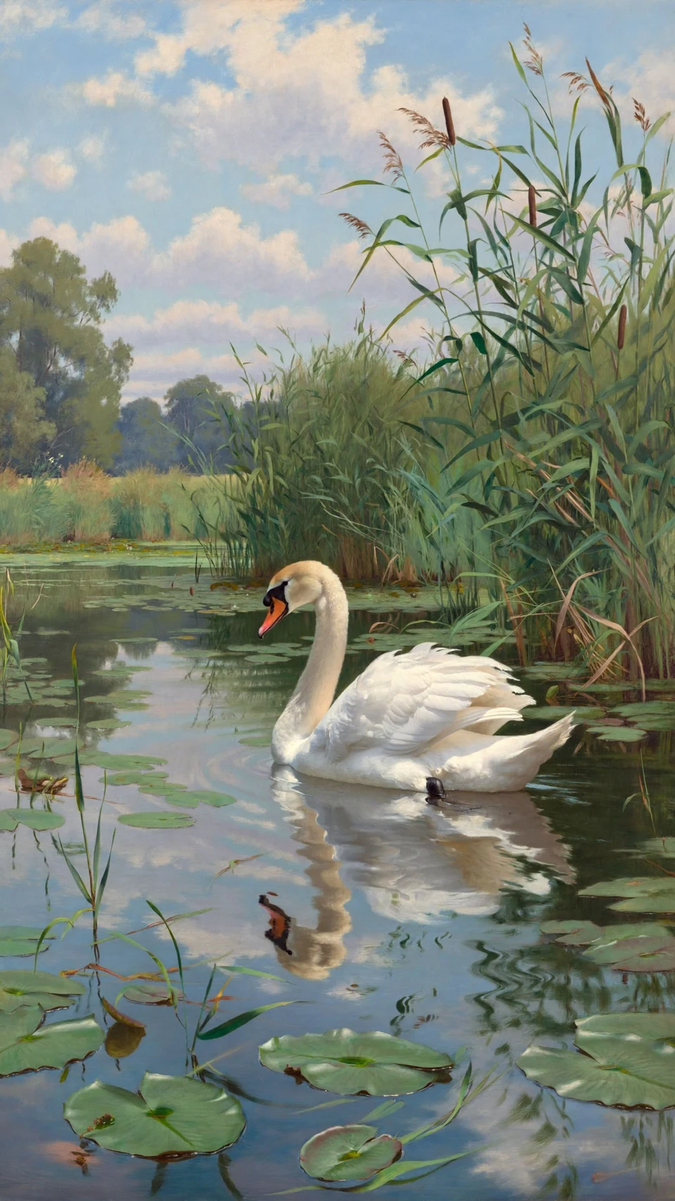Realistic painting of a white swan gliding on a calm