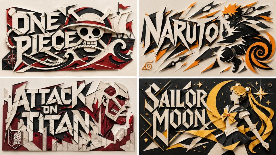Anime Title Logos in Paper Cut Sculpture Style