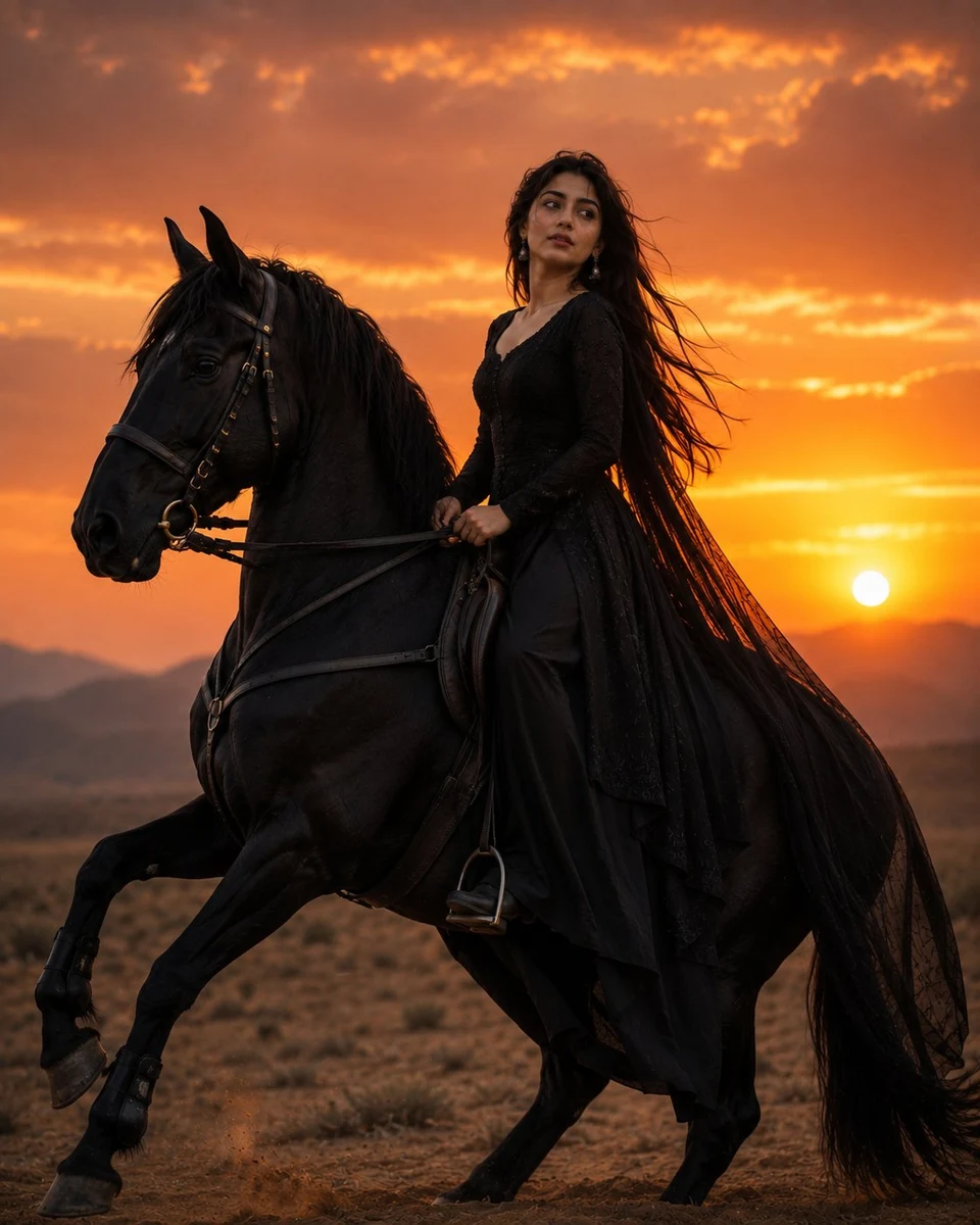 Woman in black lace gown riding black horse at