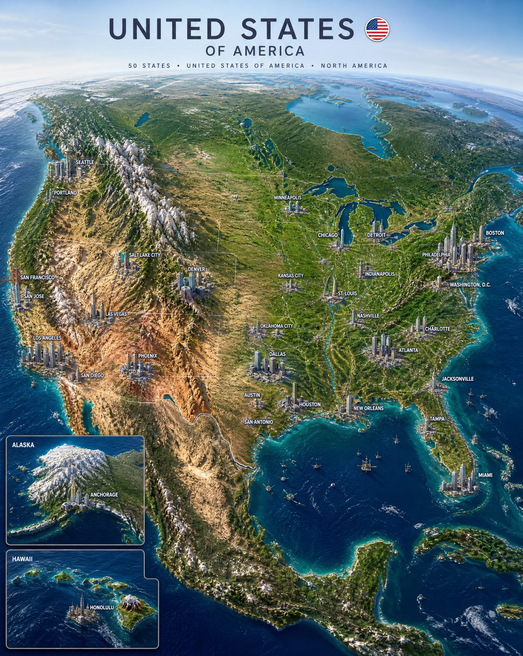 Google Earth Style 3D Satellite Map of United States