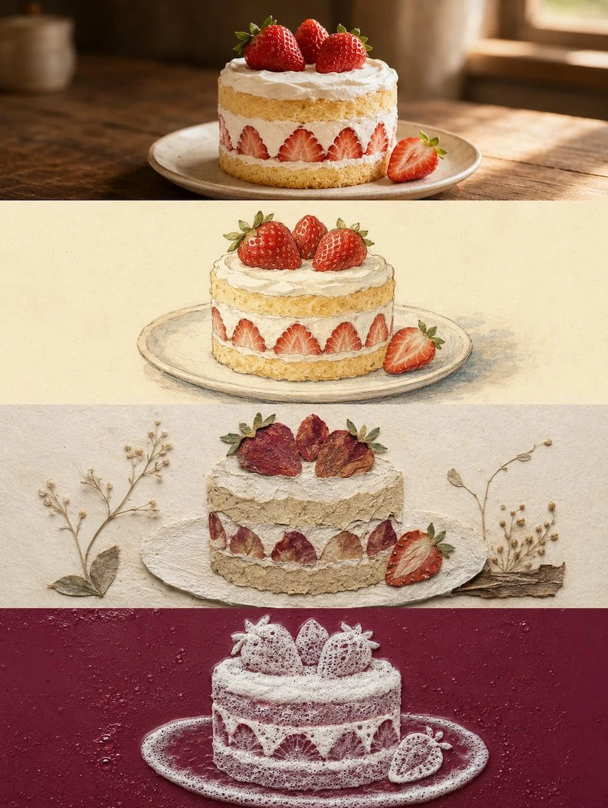 Strawberry cake in four distinct artistic styles