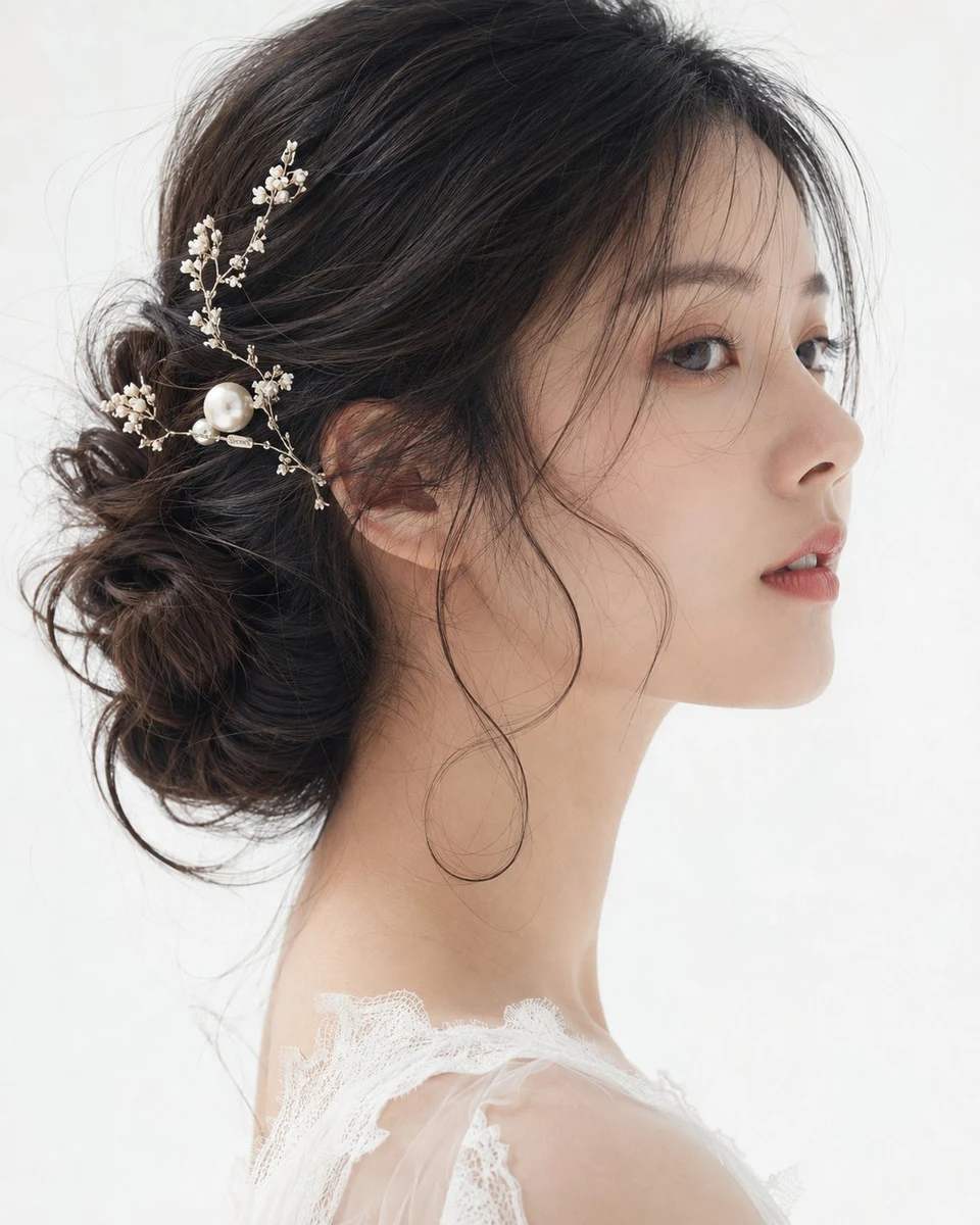 Side portrait of East Asian woman with pearl hair