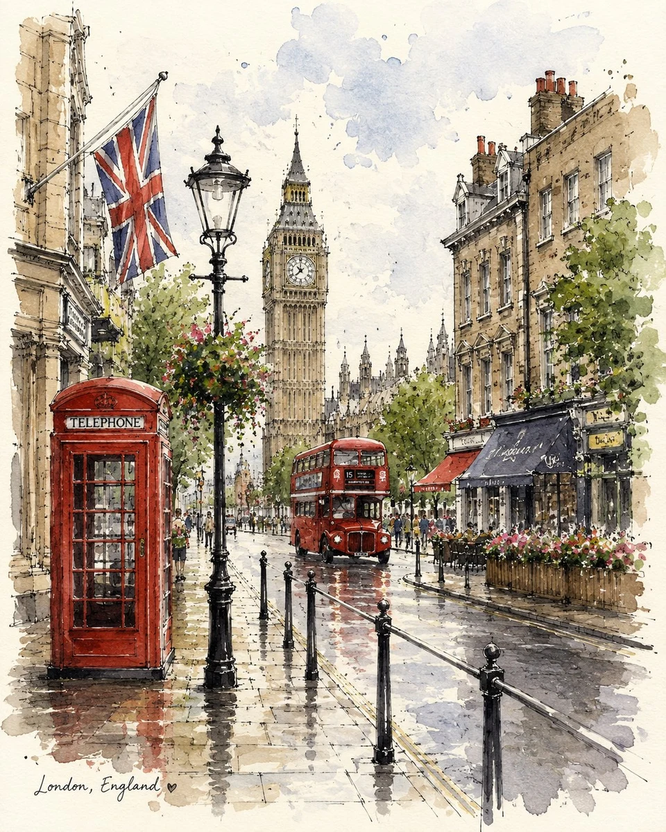 London Street Watercolor Illustration