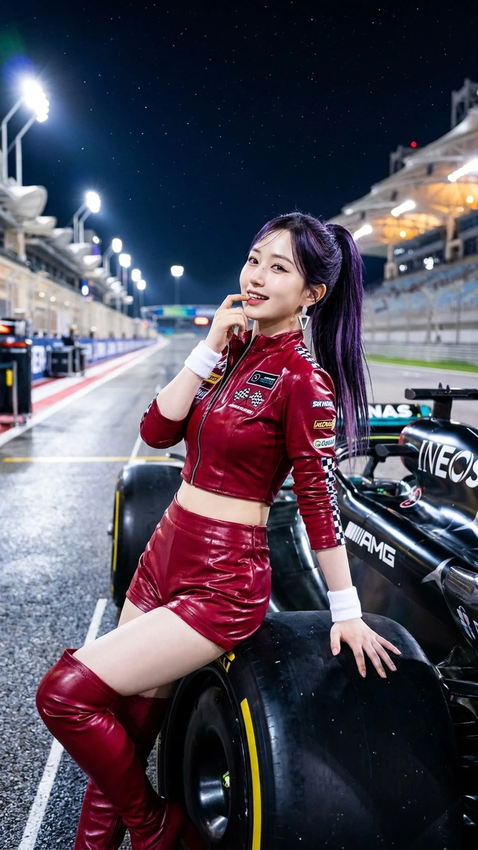 K-pop Idol in Ruby Red Racing Suit at Night Race