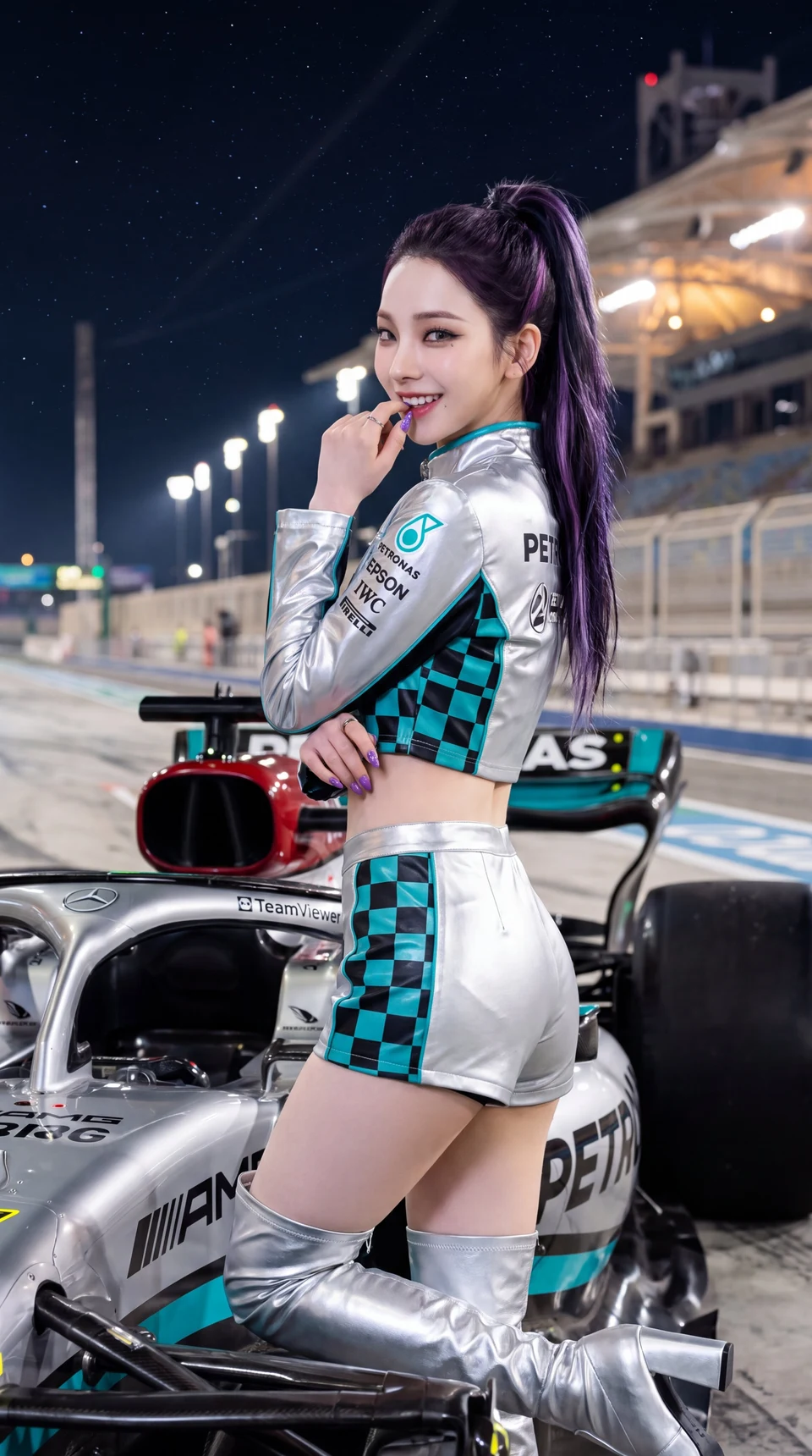 Karina aespa poses in Mercedes F1 outfit at night