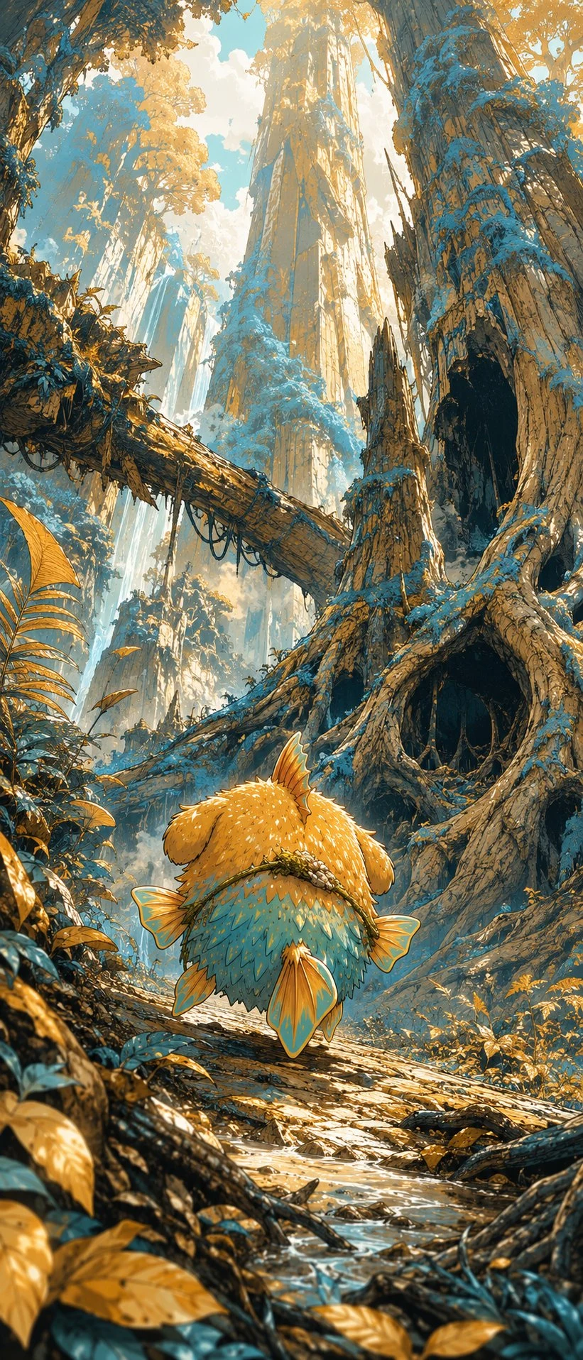 Sci-fi fish humanoid trekking ancient surreal forest