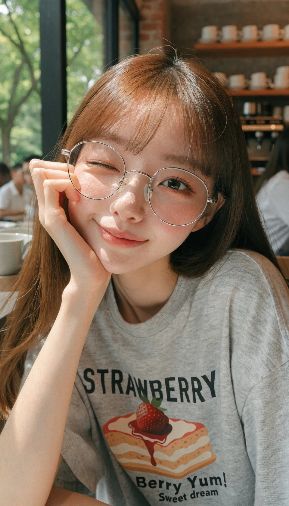 Young East Asian Woman Winking in Modern Cafe with