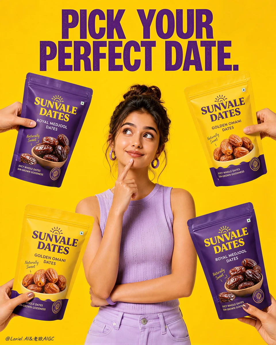 Woman choosing between date snack pouches