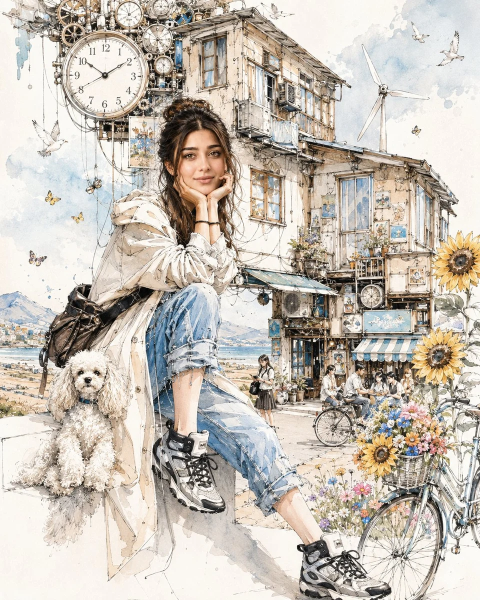 woman in travel fashion with dog and coastal town