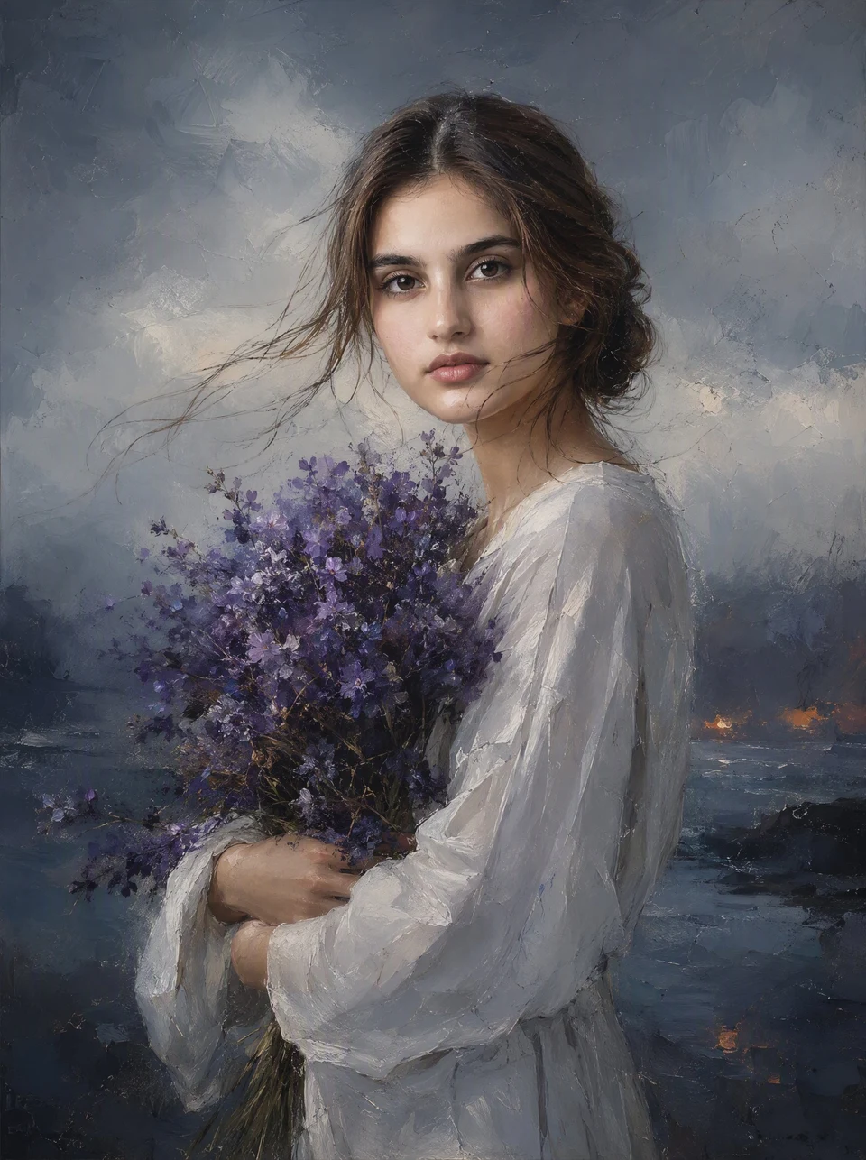portrait of a woman in white holding purple flowers