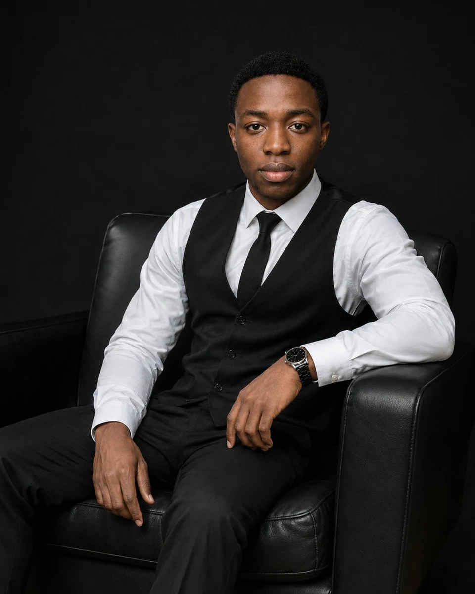 Cinematic studio portrait of a confident black