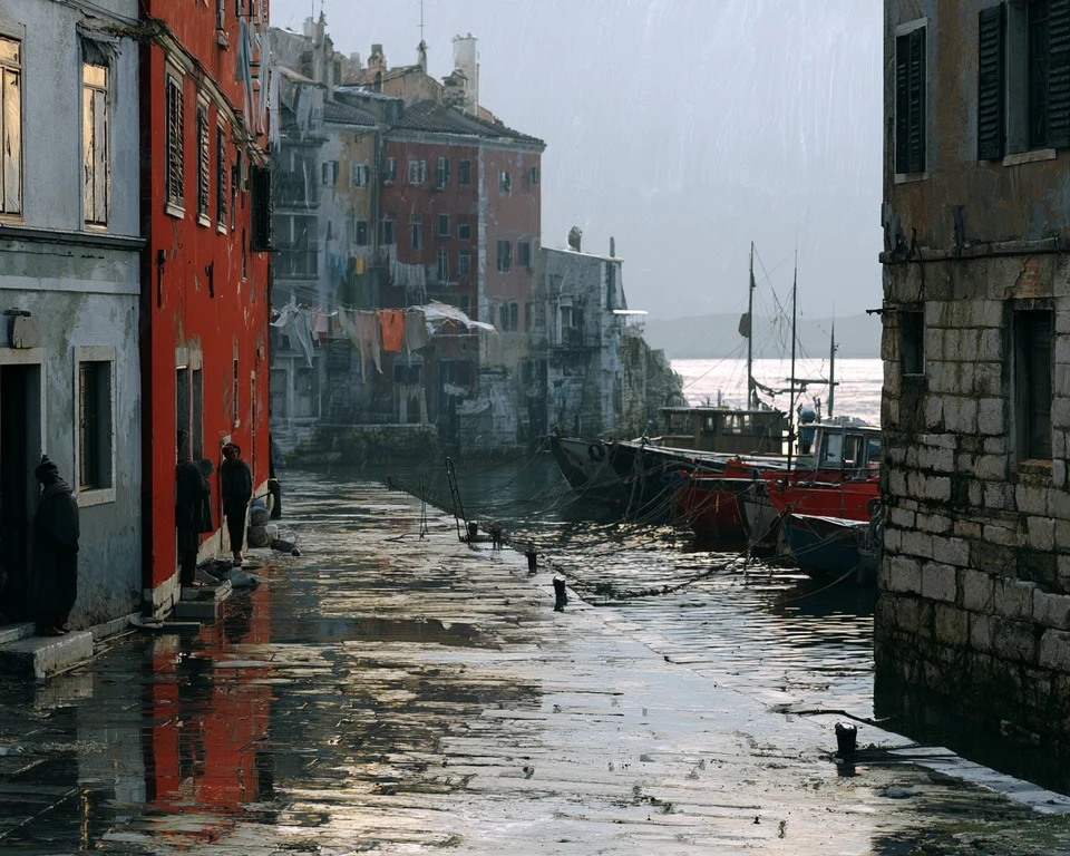 coastal town quiet harbor red boats